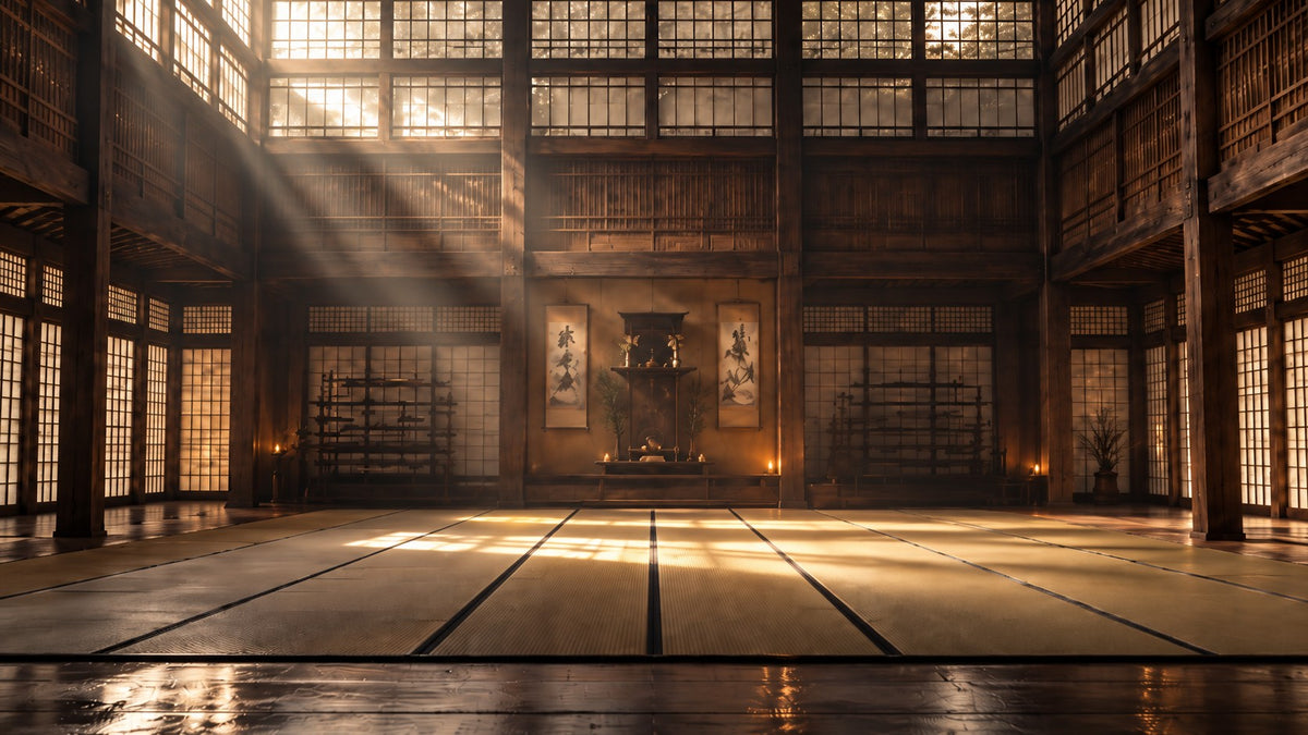 A quiet wooden dojo with golden light falling across the tatami
