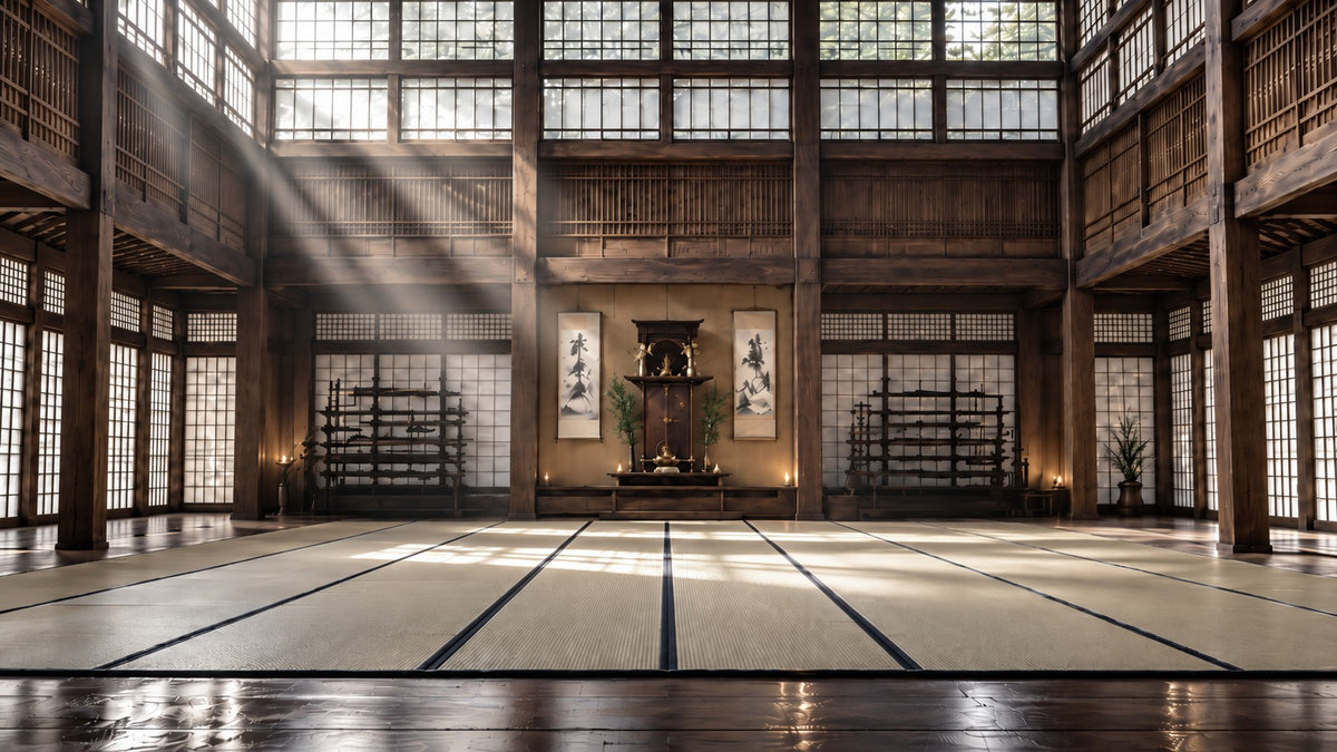 A sunlit wooden dojo with paper screens and tatami mats