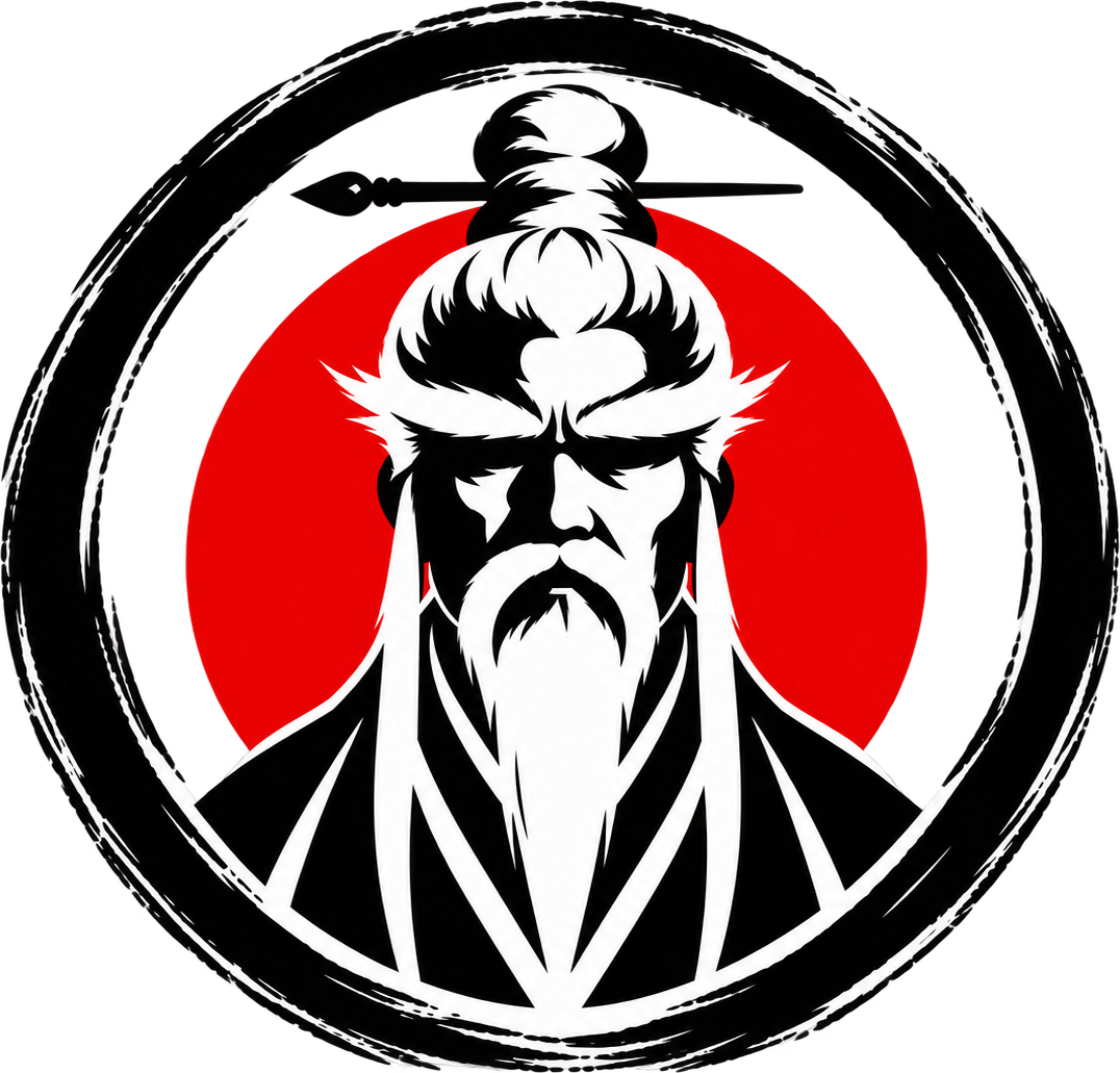 The Yashida emblem: Sensei Yashida before a red sun inside an ink circle
